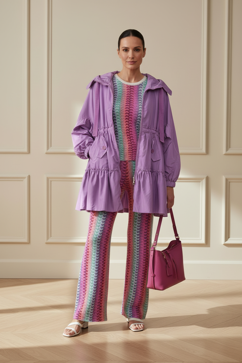 Conjunto multicolor + gabardina lila + bolso - frontal