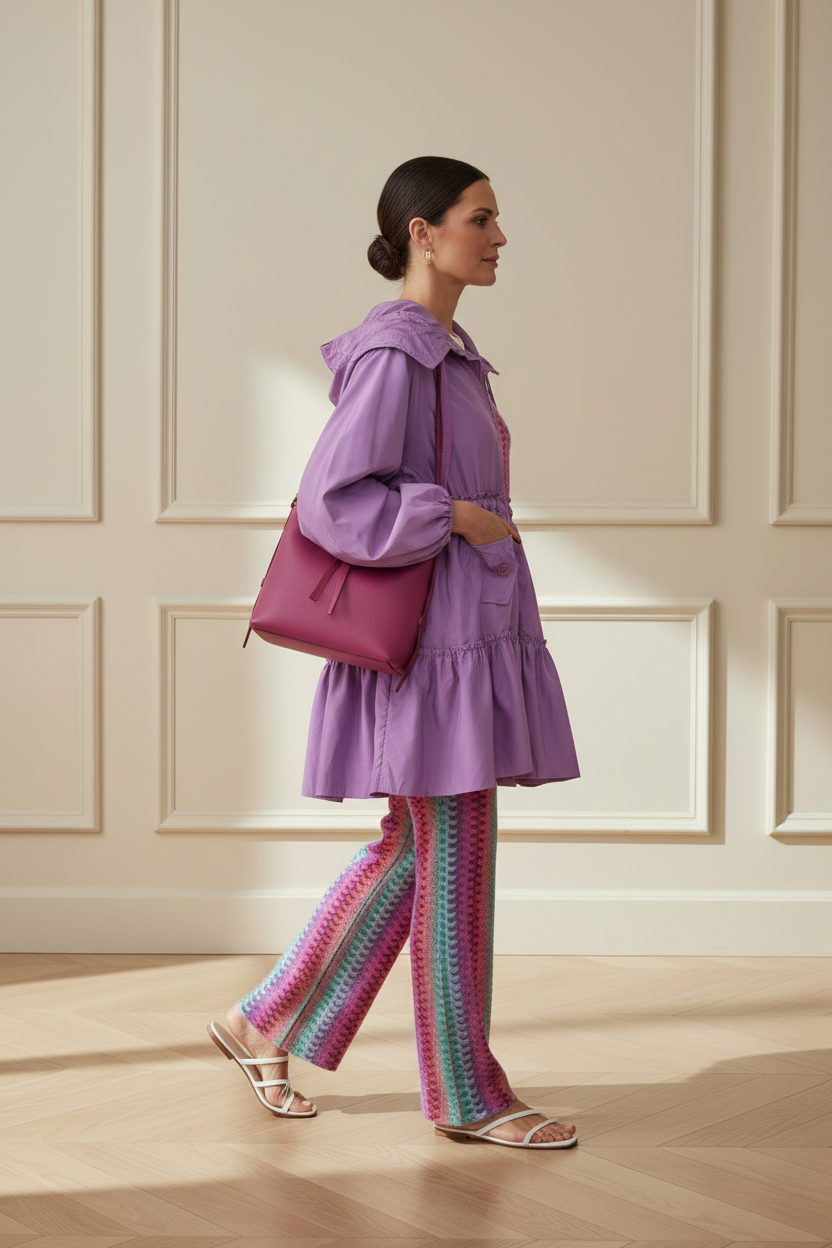 Conjunto multicolor + gabardina lila + bolso - lateral