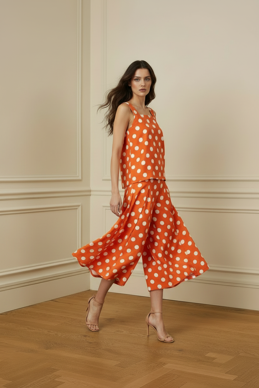 Conjunto naranja lunares blancos vista lateral