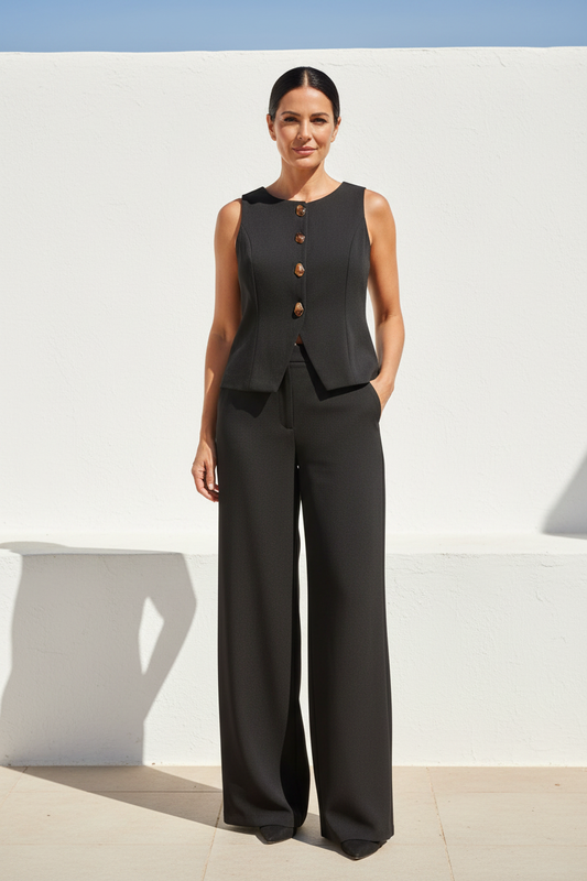 Conjunto negro chaleco último botón abierto
