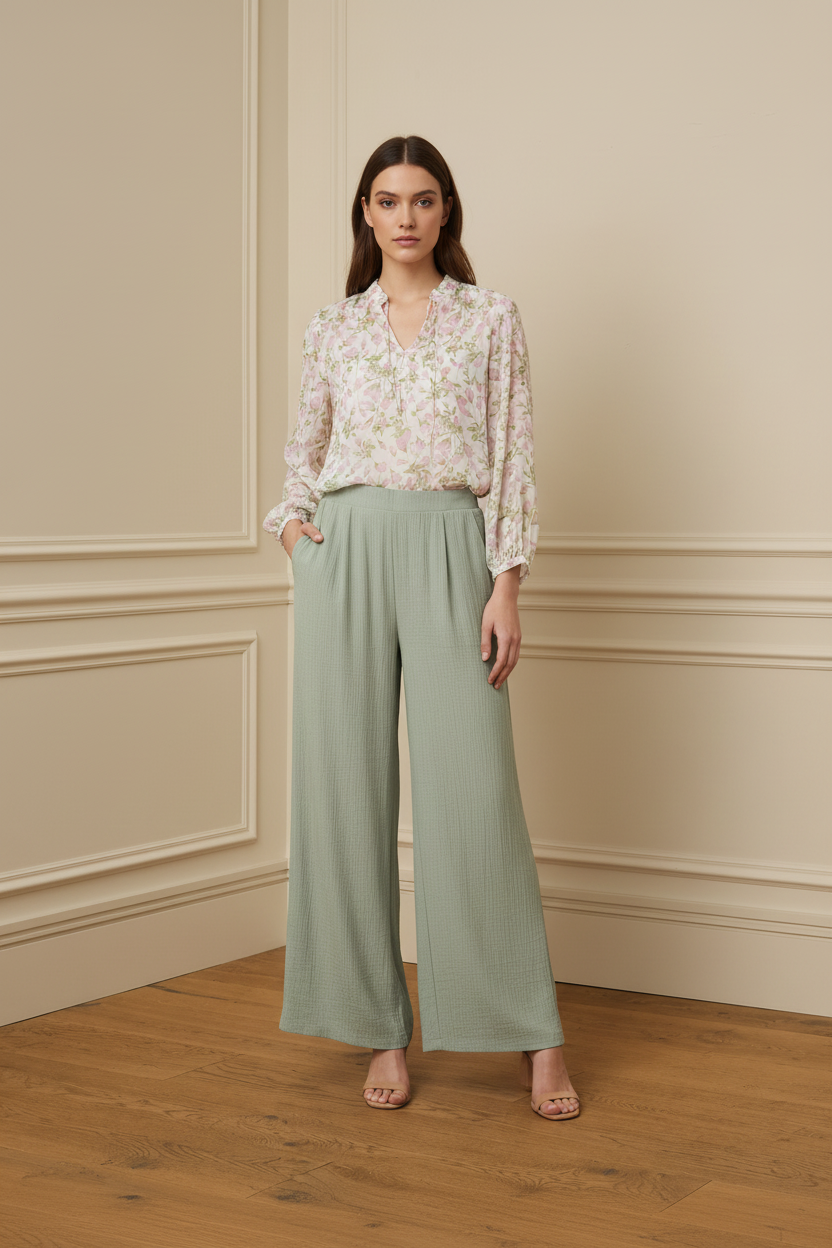 Conjunto pantalón verde salvia + blusa floral rosa