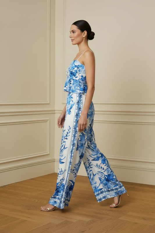 Top camisola floral porcelana azul - vista lateral conjunto