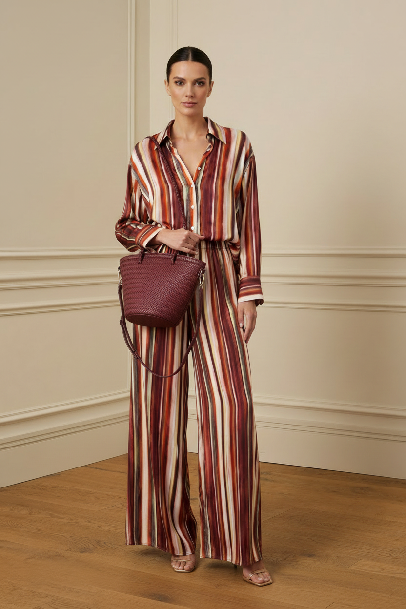 Conjunto rayas burdeos con bolso trenzado