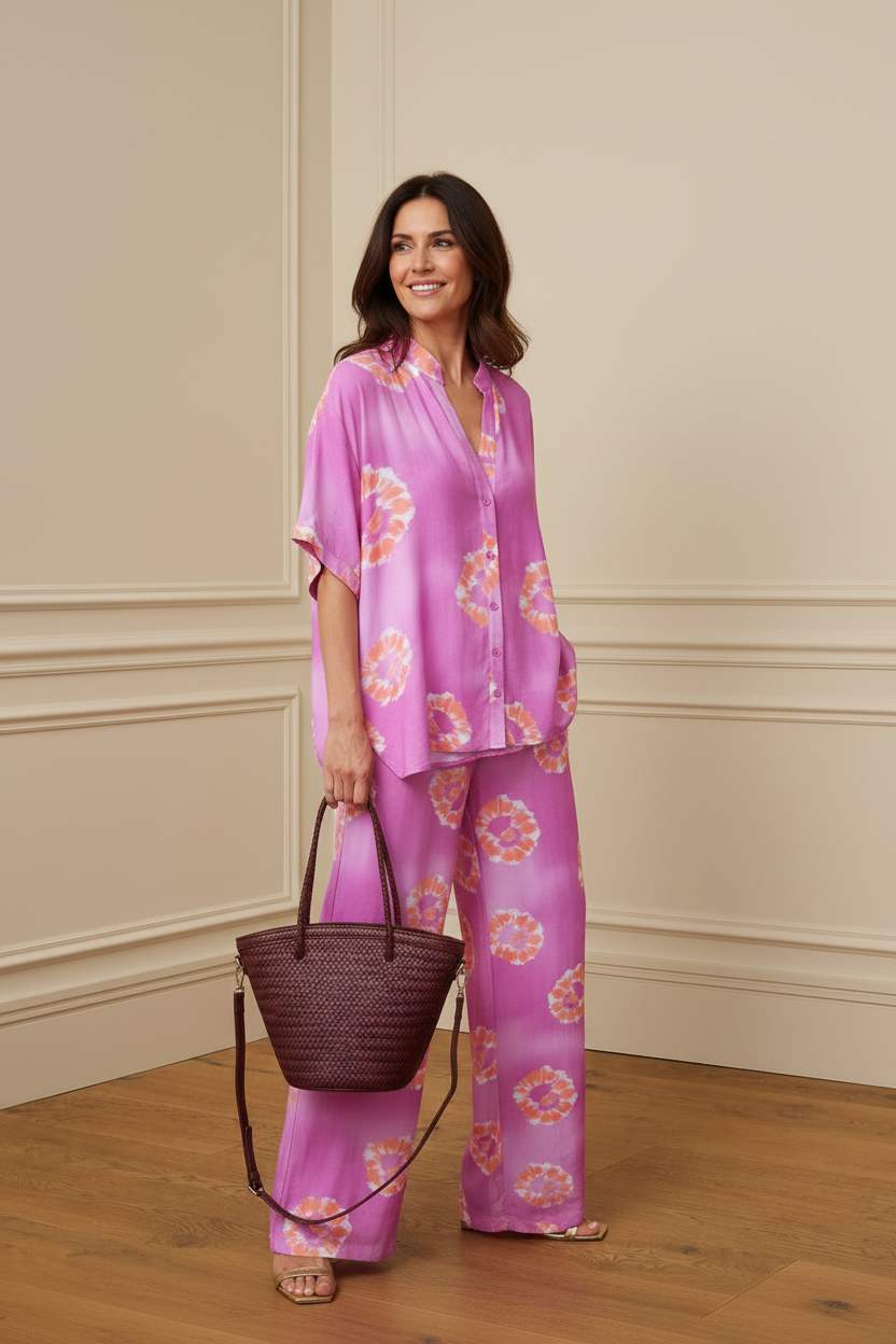 Pantalón wide leg tie-dye fucsia - 3/4 con bolso burdeos