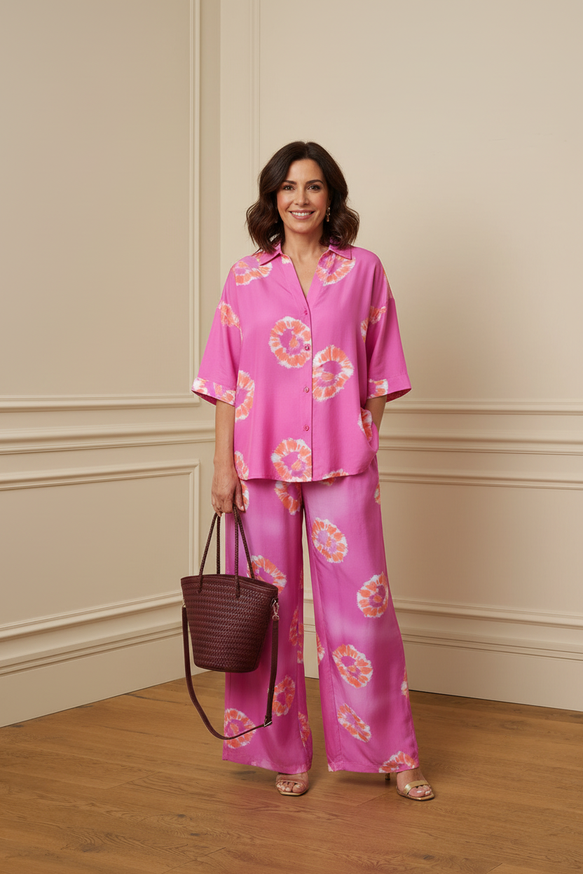 Pantalón wide leg tie-dye fucsia - frontal con bolso burdeos