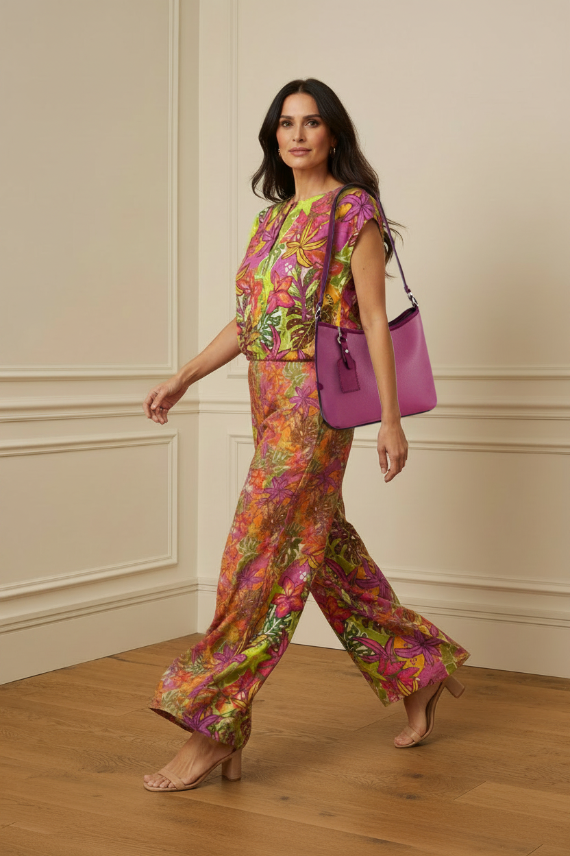 Conjunto tropical + bolso fucsia al hombro en movimiento