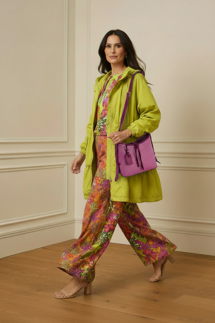 Conjunto tropical + chubasquero + bolso fucsia correcto