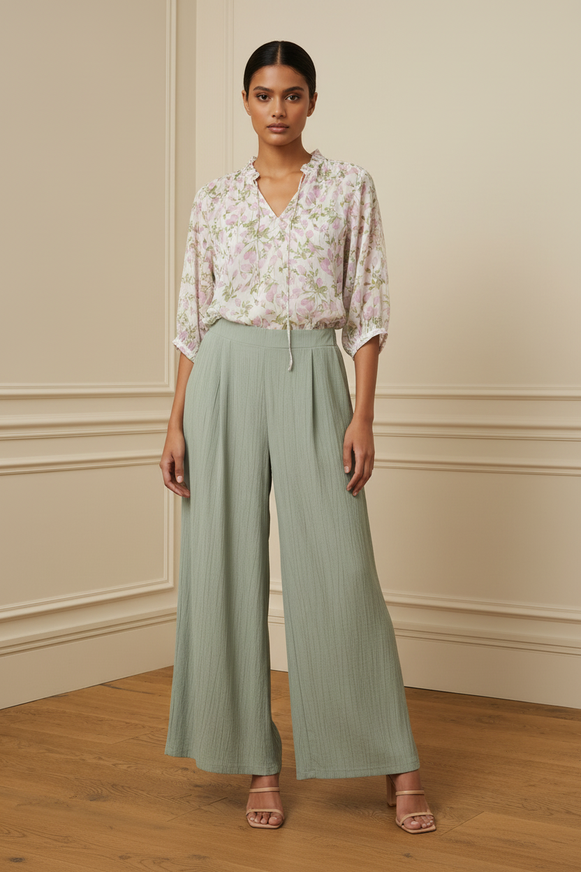 Conjunto verde salvia + blusa floral — misma modelo