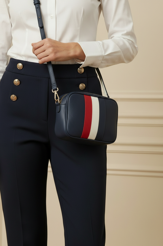 Detalle bolso navy + botones dorados pantalón