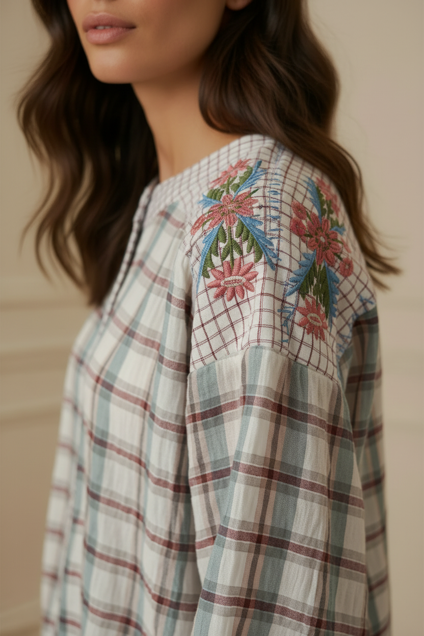 Detalle bordado camisa cuadros en modelo