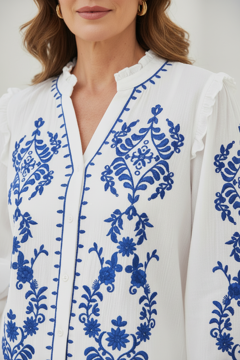 Detalle camisa bordada azul