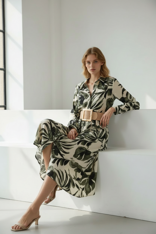 Detalle cinturón beige hebilla dorada