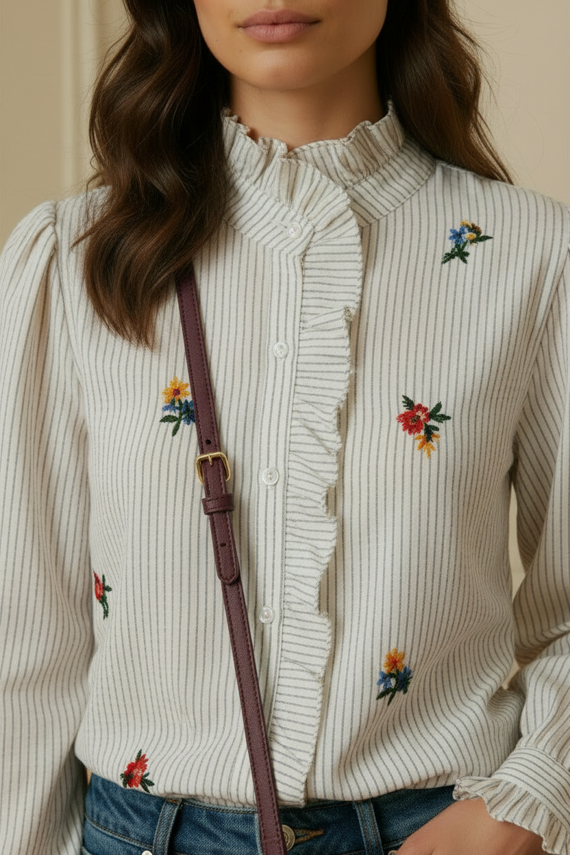 Detalle del cuello fruncido con volante y bordados florales de la blusa blanca de rayas