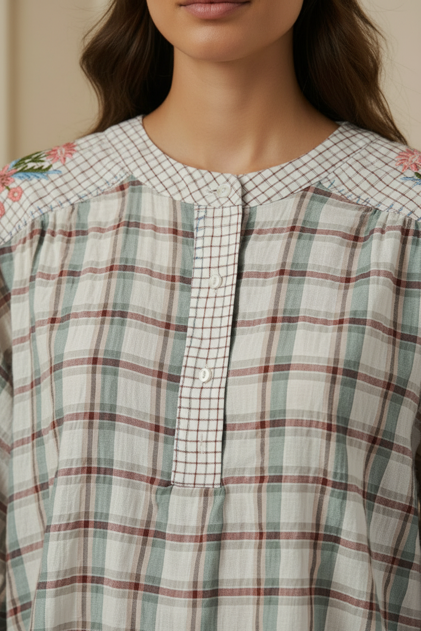 Detalle cuello camisa cuadros bordada en modelo