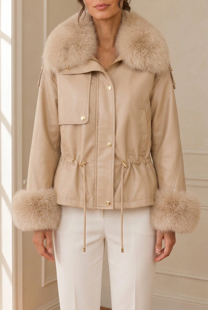 Detalle de la chaqueta beige con cuello y puños de pelo a juego