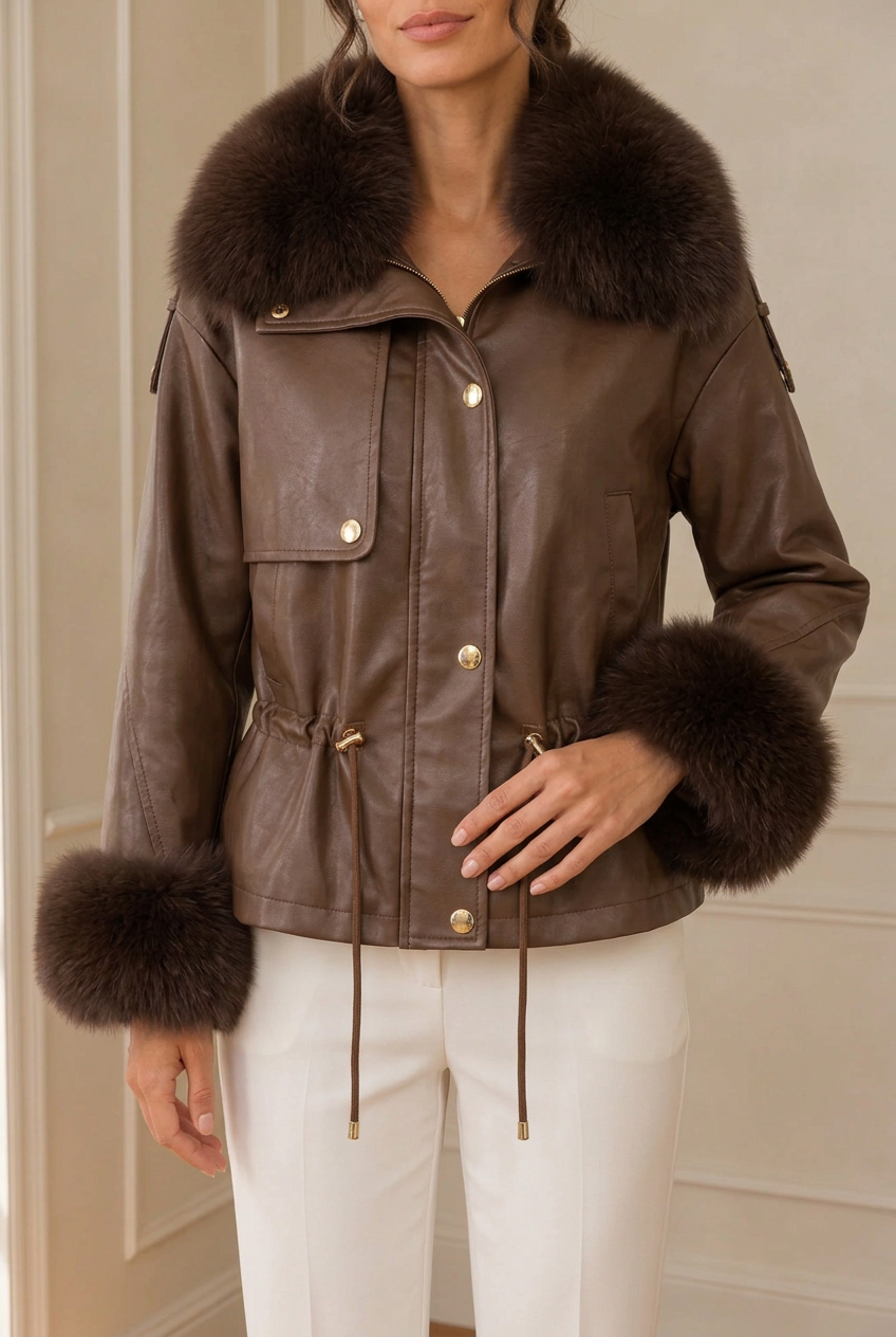 Detalle de la chaqueta con cuello y puños marrones