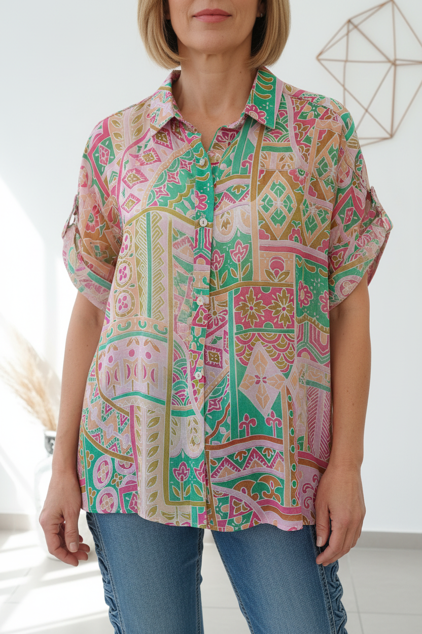 Camisa geométrica translúcida multicolor