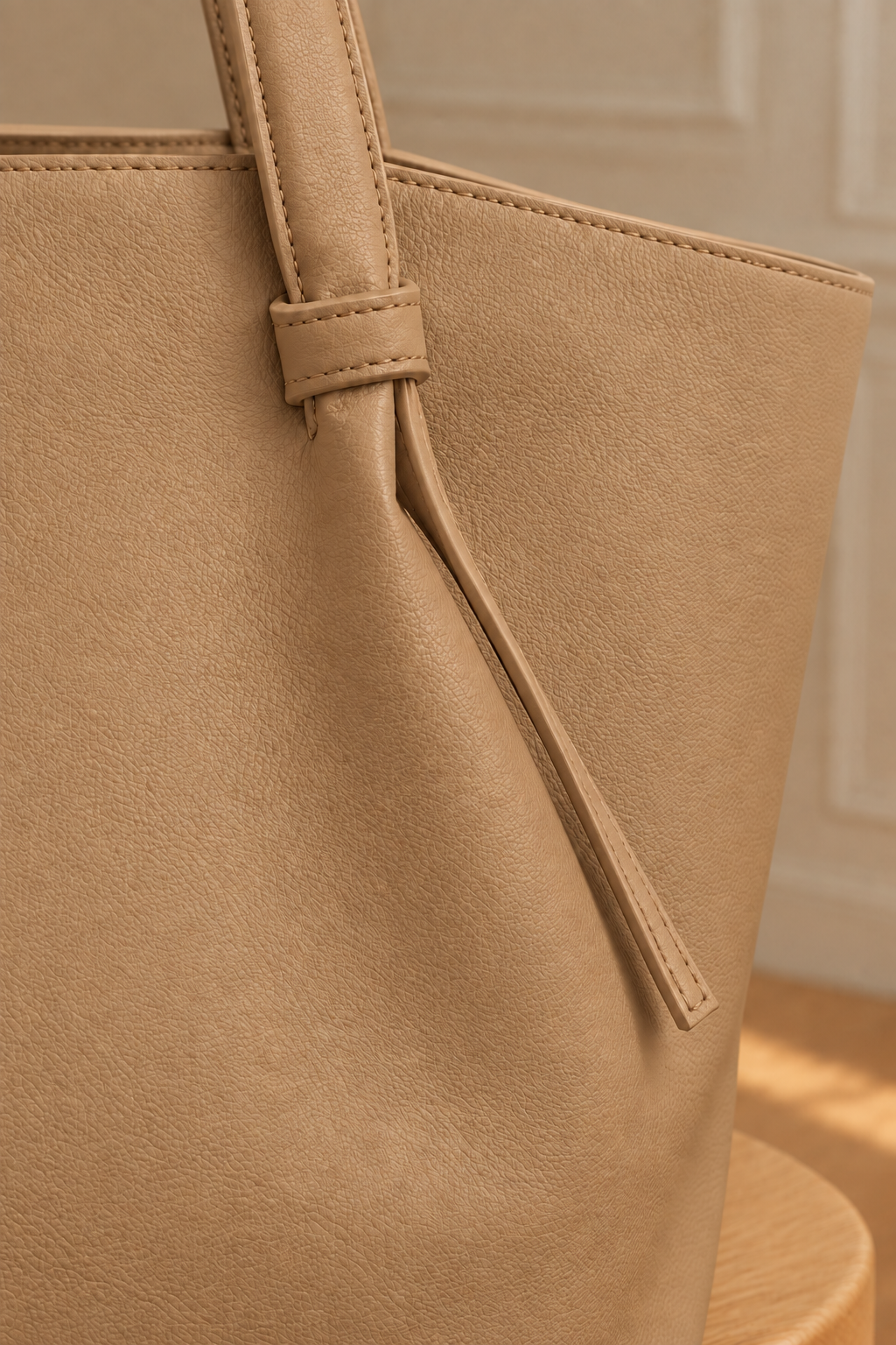 Detalle de la textura y el asa del bolso en camel