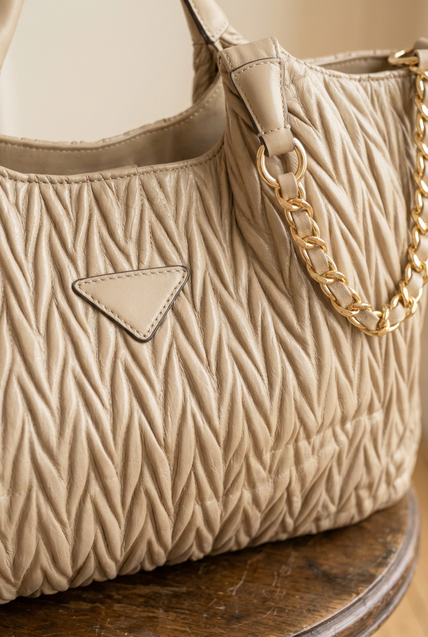 Detalle de la textura y las cadenas doradas del bolso beige