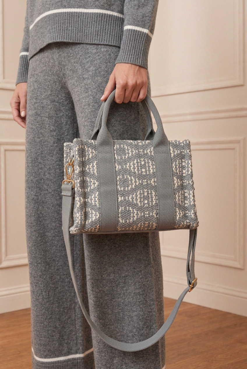 Detalle del bolso con el conjunto gris