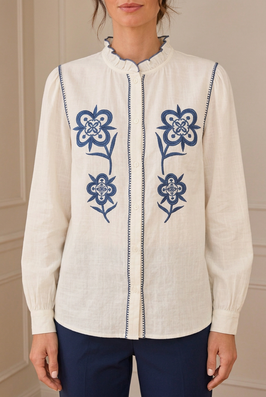 Detalle del bordado azul y el cuello de la camisa