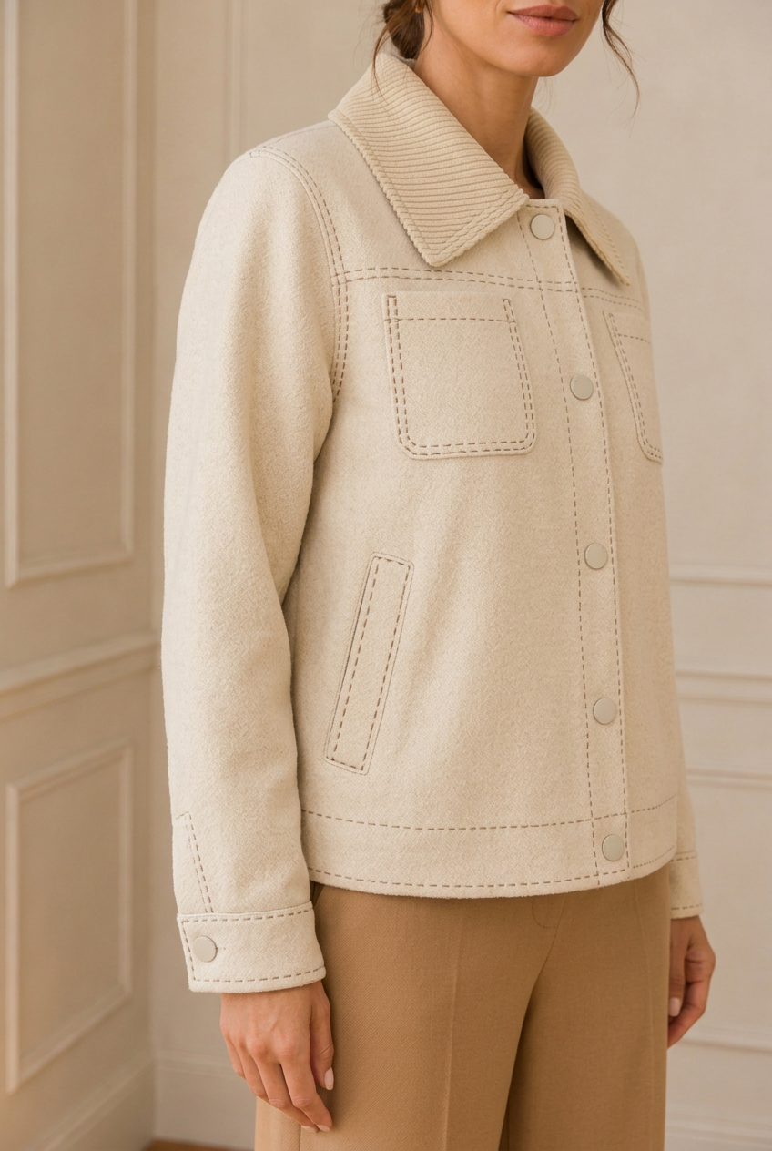 Detalle del cuello, los bolsillos y los pespuntes de la chaqueta beige
