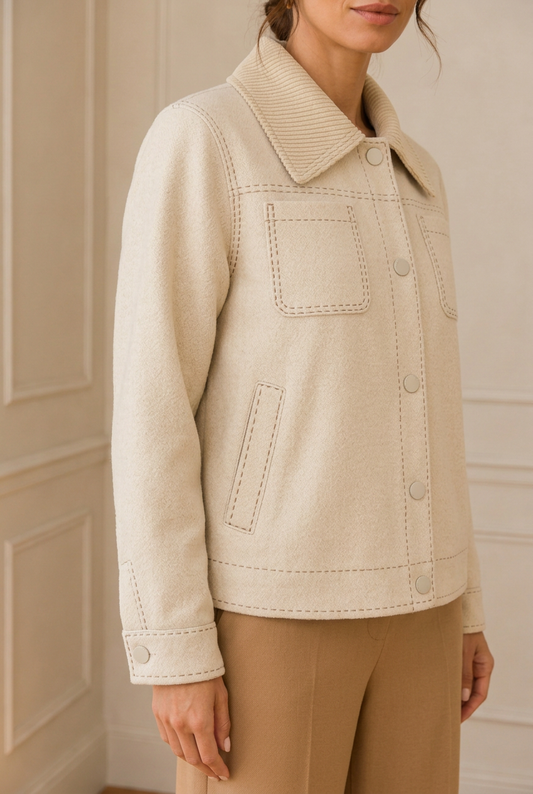 Detalle del cuello, los bolsillos y los pespuntes de la chaqueta beige