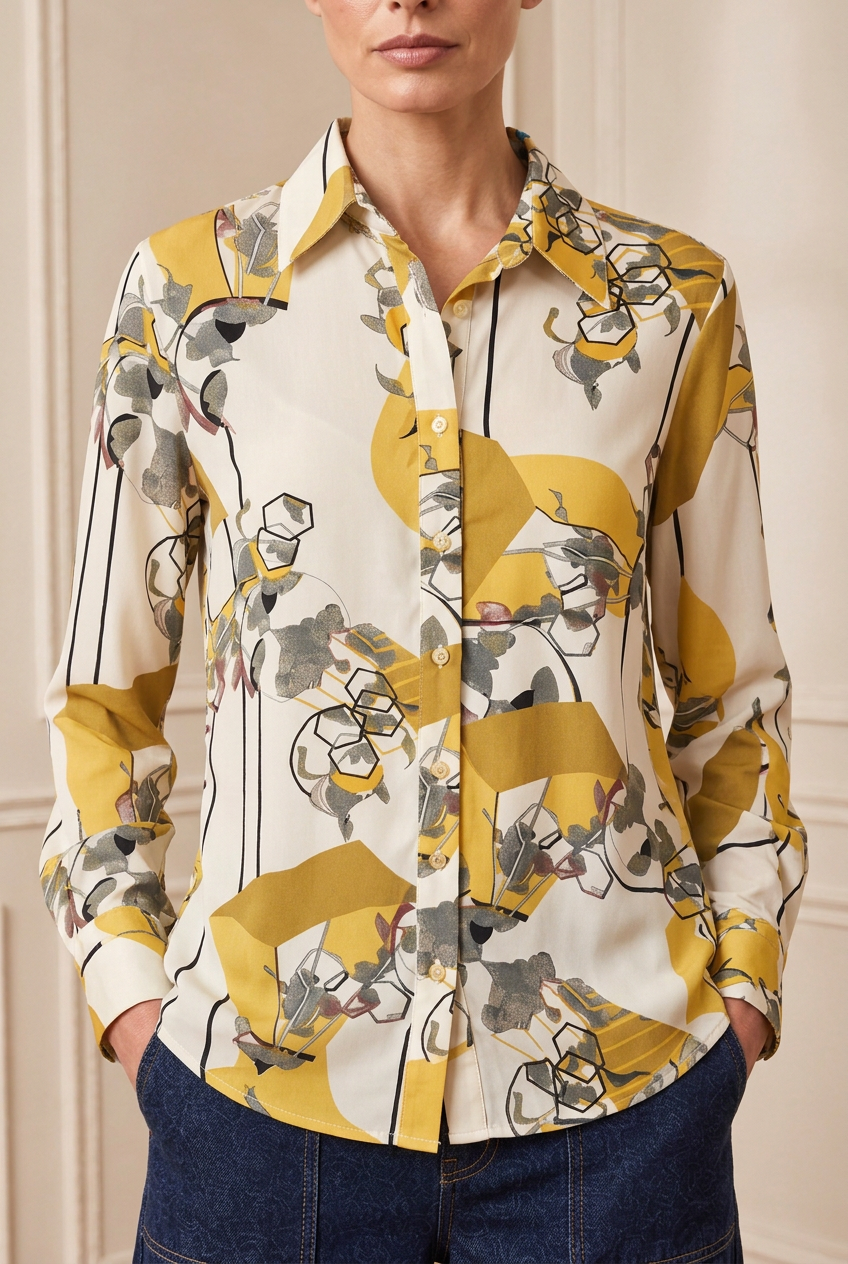 Detalle del estampado, el cuello y los puños de la camisa