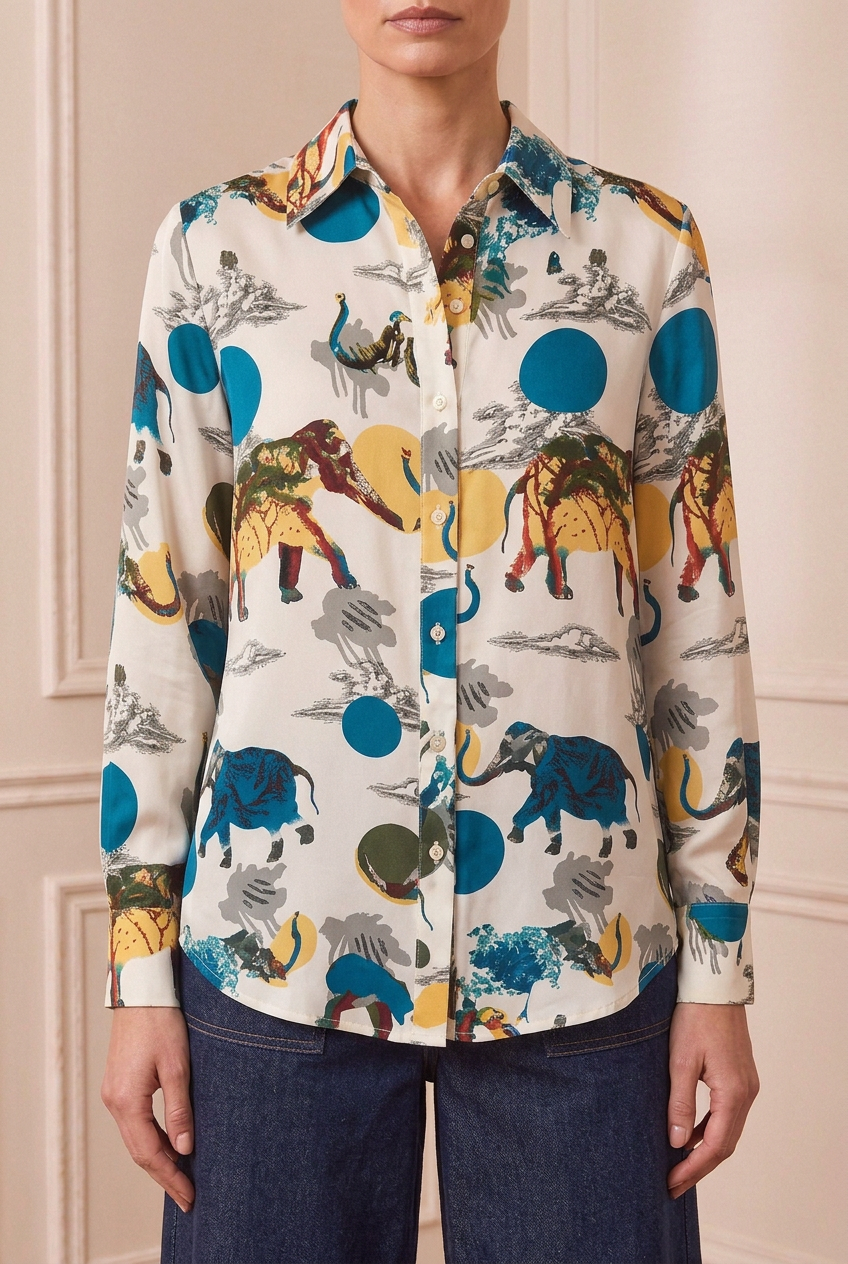 Detalle del estampado y el cuello de la camisa