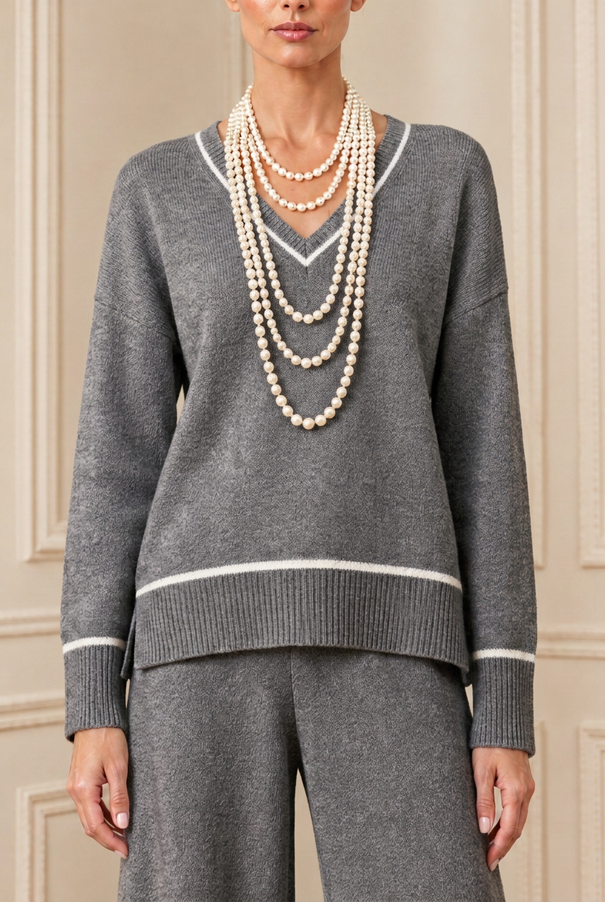 Detalle del jersey gris con vivo blanco