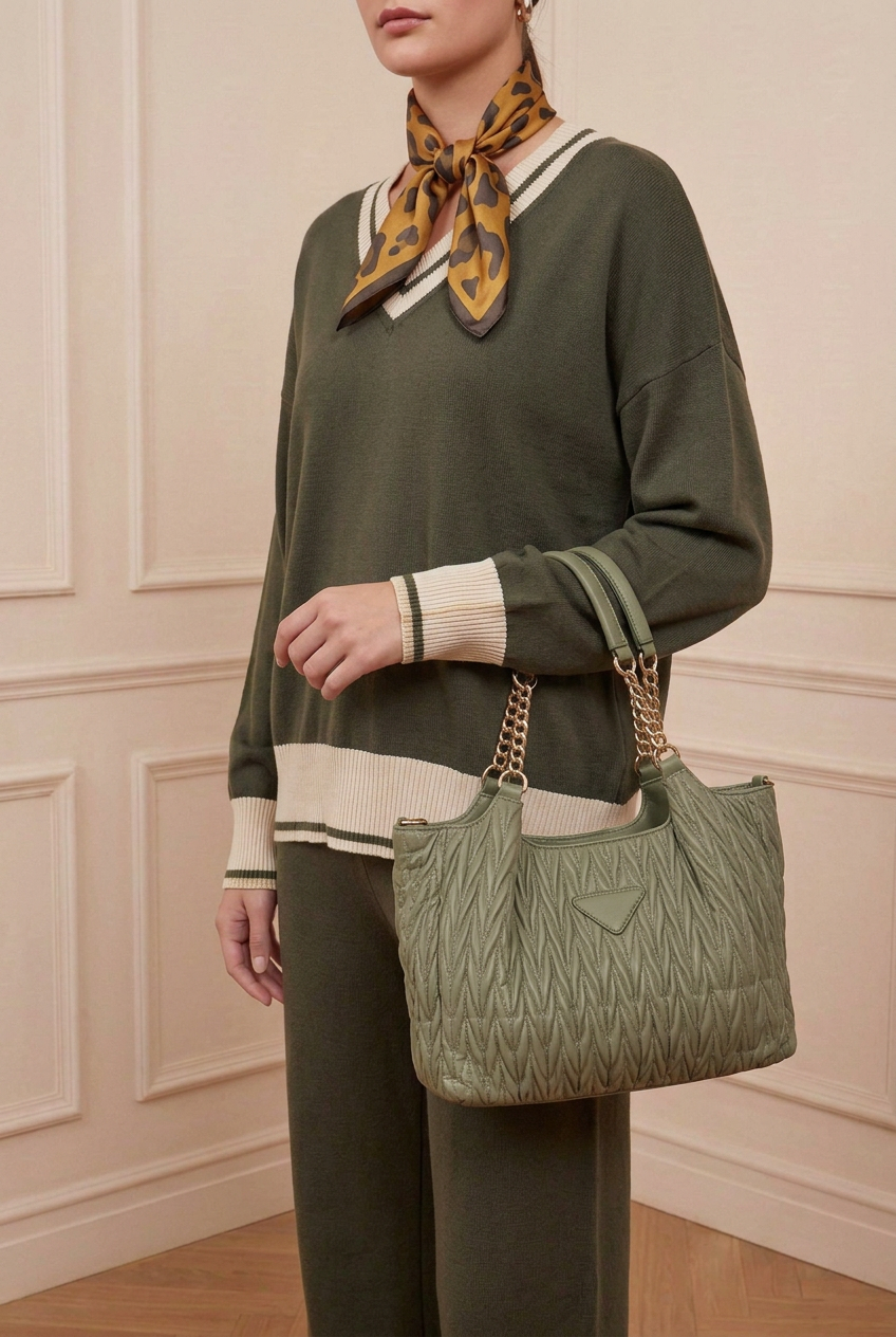Detalle del look verde con pañuelo mostaza
