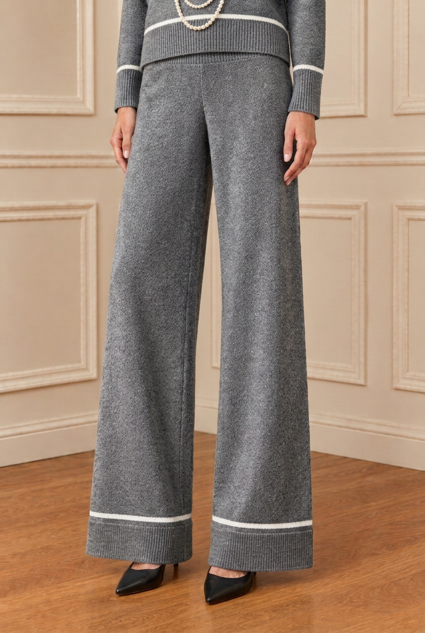 Detalle del pantalón gris con vivo blanco