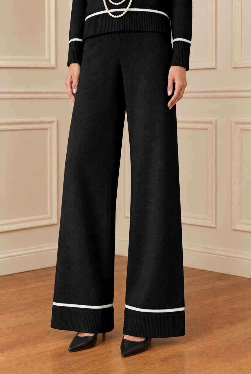 Detalle del pantalón negro con línea blanca