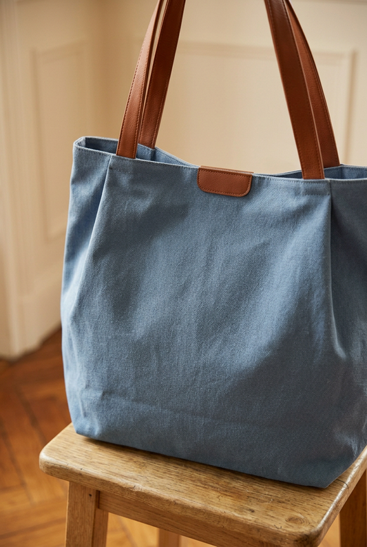 Detalle del tejido y las asas del bolso azul