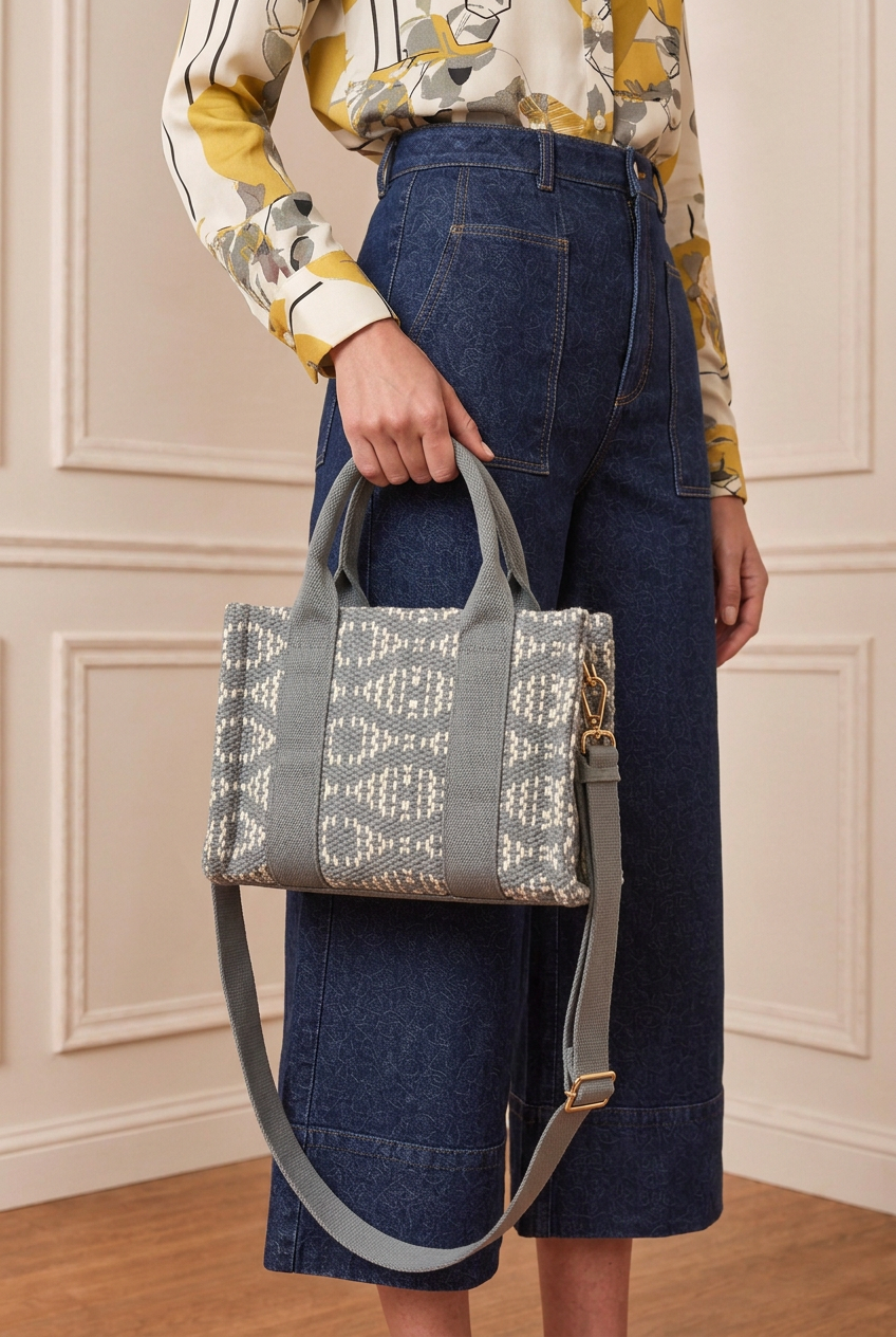 Detalle del tejido y las asas del bolso gris con la modelo