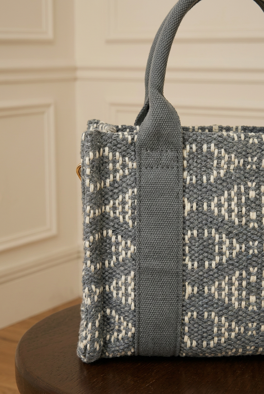 Detalle del tejido y las asas del bolso gris