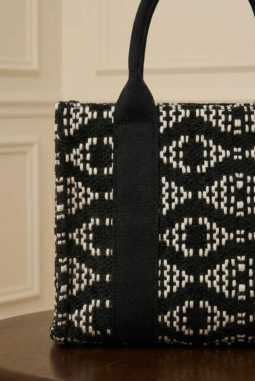Detalle del tejido y las asas del bolso negro y blanco