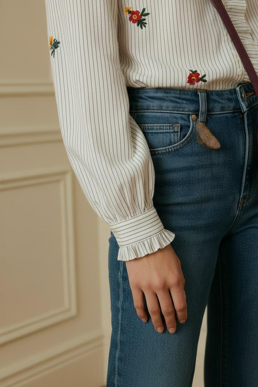 Detalle de la manga abullonada y puño fruncido con volante de la blusa blanca bordada
