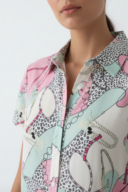 Vestido camisero largo verde y rosa