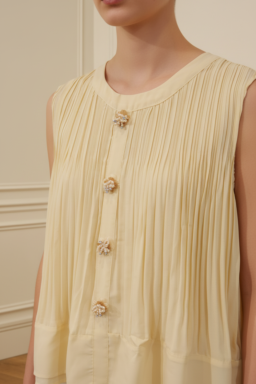 Detalle top plisado amarillo limón botones joya perlas