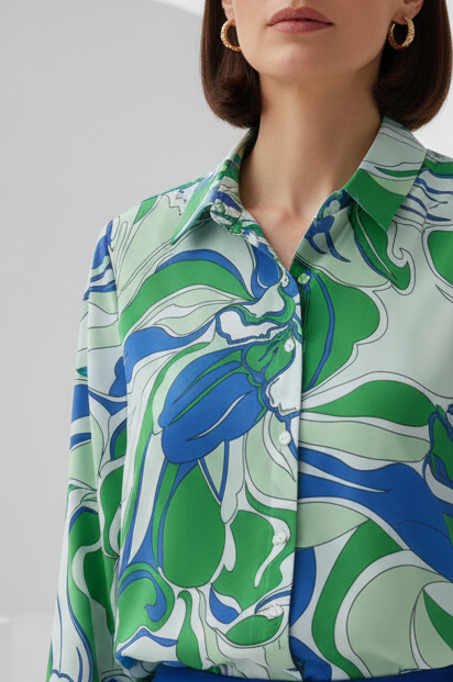 Camisa de manga larga con maxi flores azul y verde