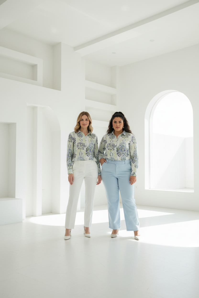Diseño editorial camisa paisley en espacio arquitectónico