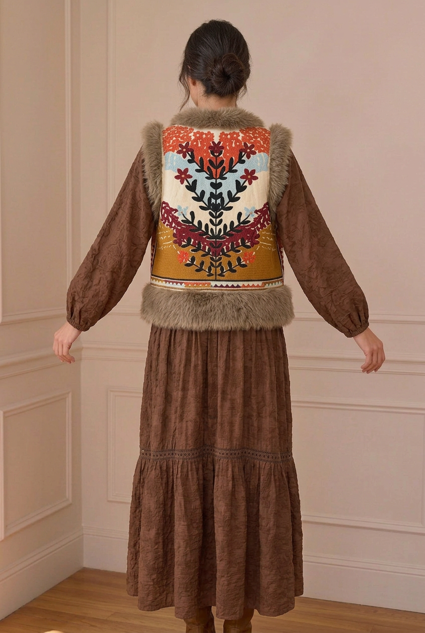 Espalda del chaleco sobre el vestido marrón