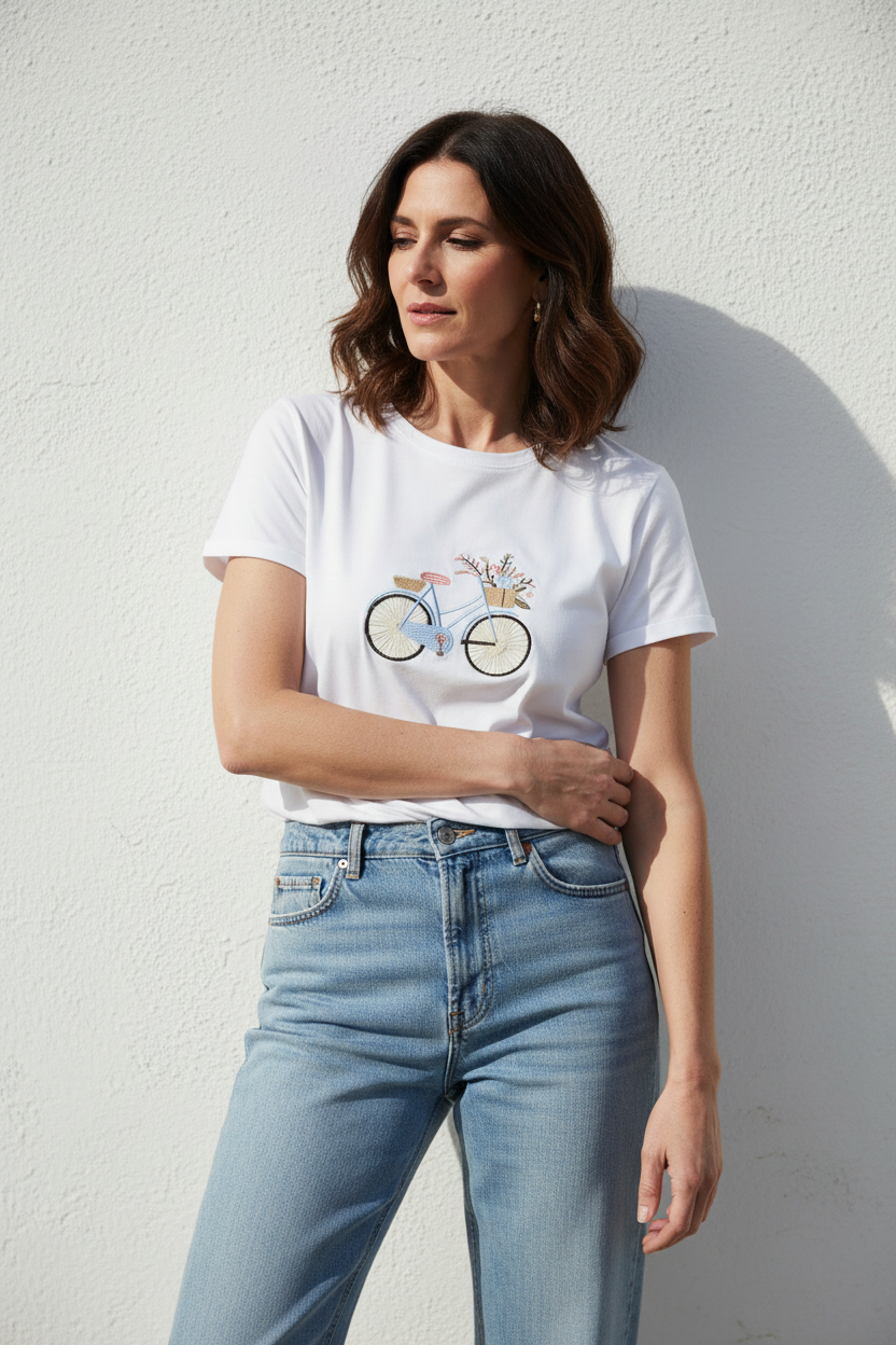Camiseta bordado bicicleta blanco