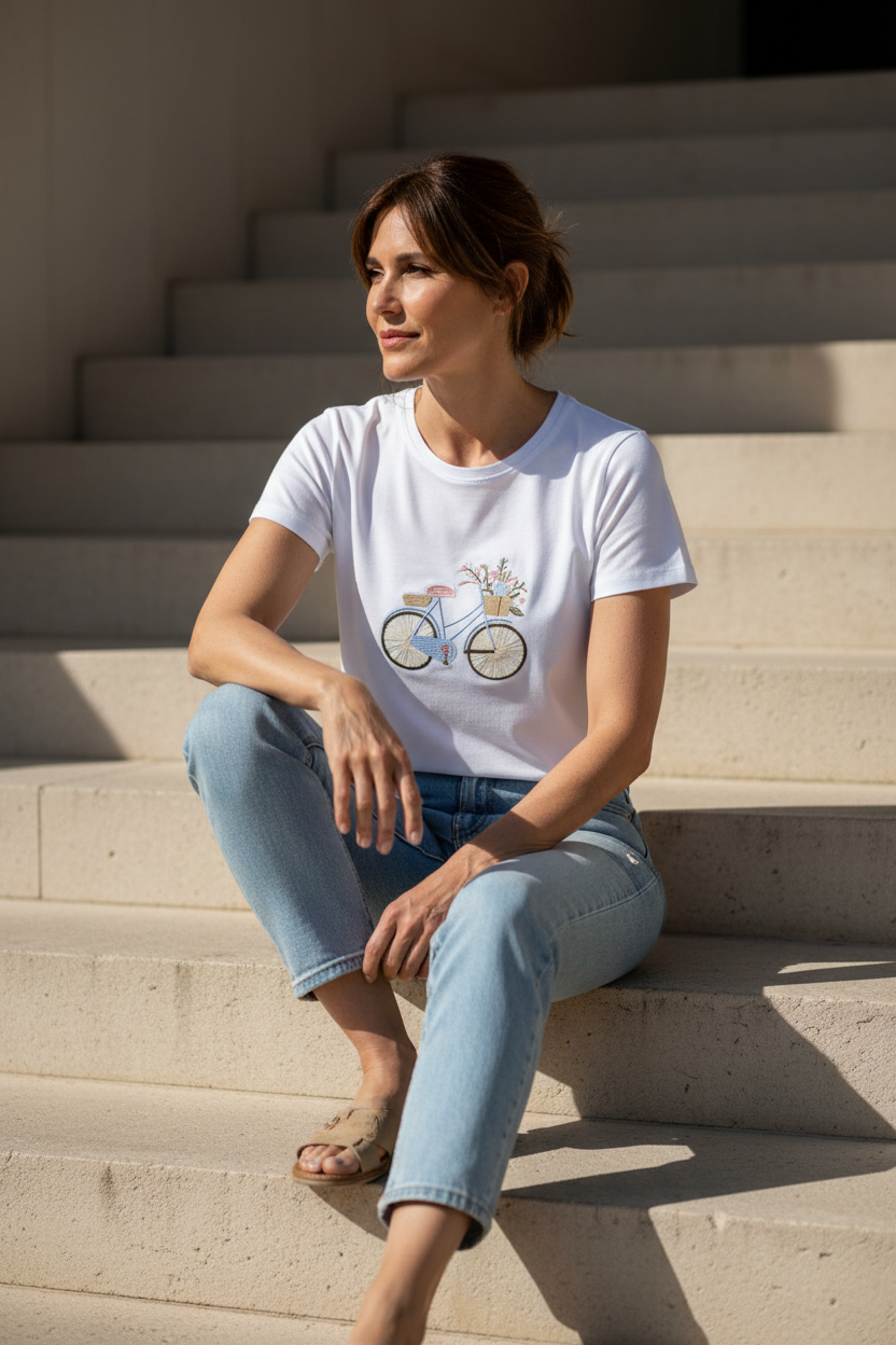 Camiseta bordado bicicleta blanco