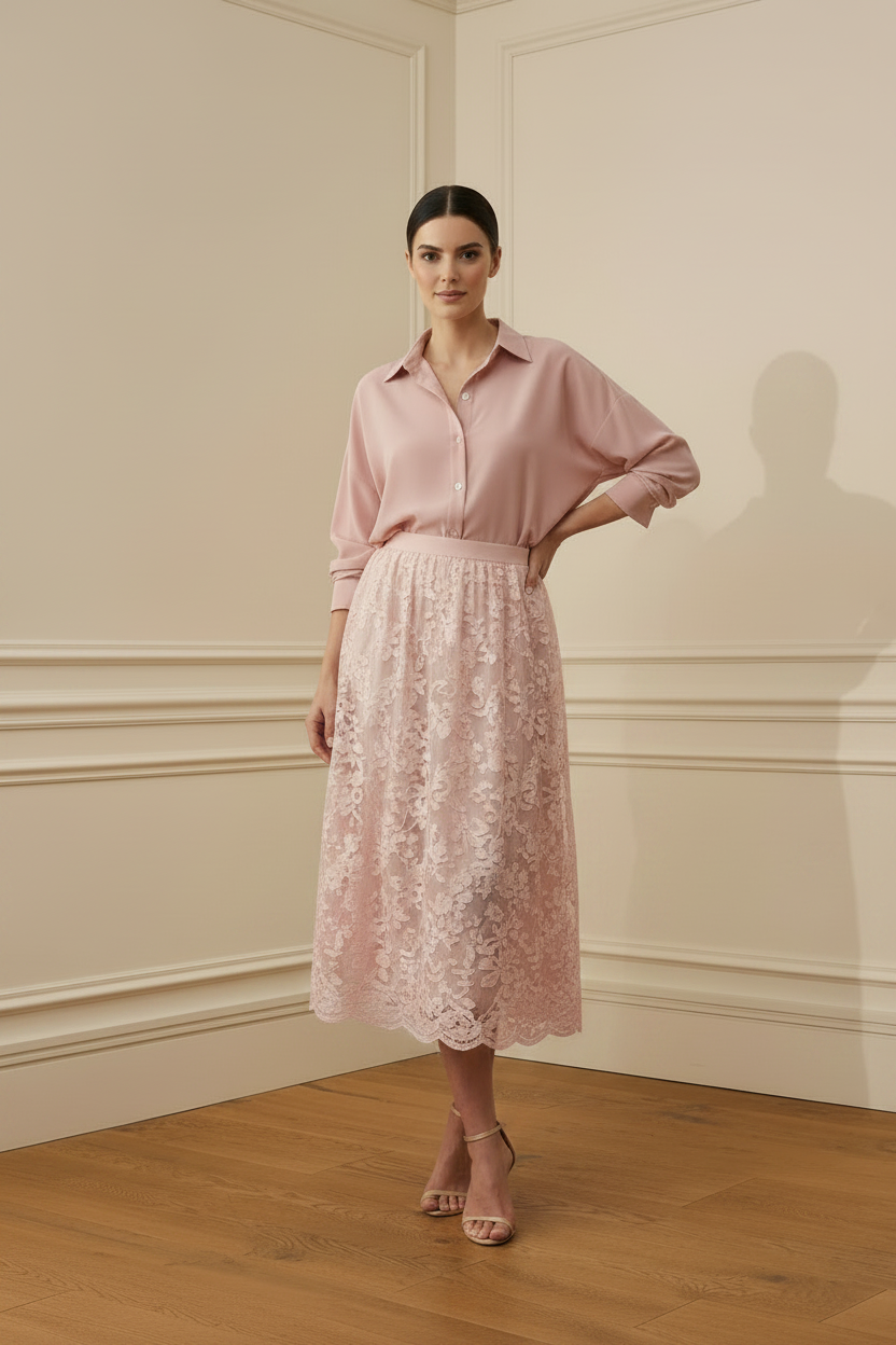 Falda encaje pieza única rosa camisa rosa sandalia nude