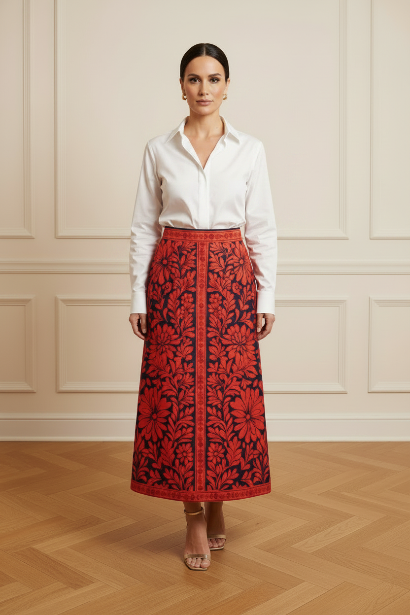 Falda midi floral roja y azul marino - con camisa blanca