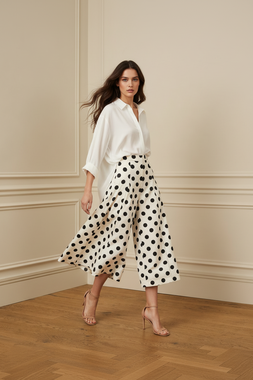 Falda lunares con camisa blanca en movimiento
