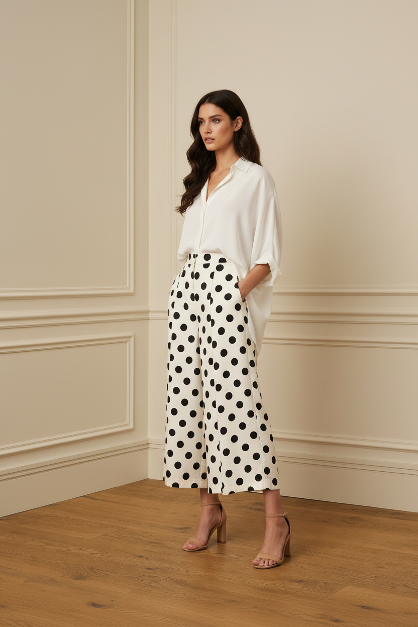 Falda lunares con camisa blanca tres cuartos