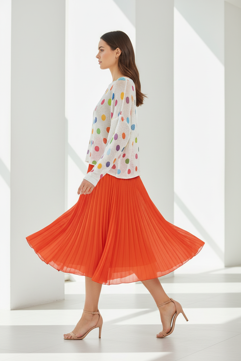 Falda naranja en movimiento - caminando